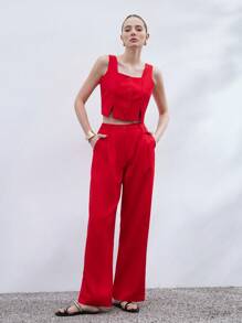 Aveloria Modichic Women Business Square Neck Sleeveless Red Crop Top And Wide Leg Pants Suit Set, Commuting Style - Red - View 4