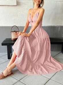 Pariaura Halter Contrast Hem Loose Pink Dress, Casual Resort Style For Women - Dusty Pink - View 5