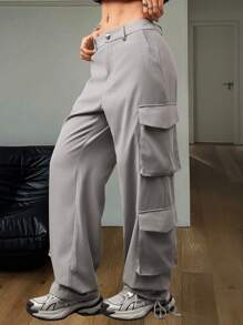 SHEIN EZwear Women's Spring/Summer Cargo Streetwear Casual With Pockets Cuffed Straight Pants - Grey - View 3