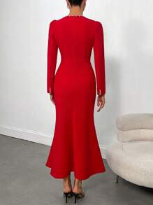 SHEIN PETITE Women Elegant Fishtail Hem Long Sleeve Dress With Faux Pearl Decor & Mesh Inset - Burgundy - View 2