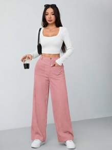 SHEIN PETITE 女士秋冬薄荷绿双口袋直筒裤 - 粉色 - 查看 8