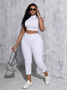 Quần Capri bó sát co giãn bằng vải denim trắng cỡ lớn dành cho nữ - trắng - Xem 5