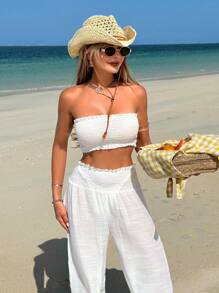 Swim Vcay 2pcs Ruffle Halter Crop Top And Wide Leg Pants Solid Beach Holiday Vacation Cover Up Outfit Set For Women For Summer