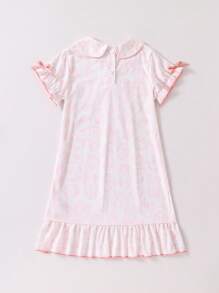 小女孩浅蓝色花卉印花丝带蝴蝶结荷叶边下摆领长睡袍家居服小女孩睡袍幼儿女童睡袍女童夏季睡袍儿童睡袍小女孩睡袍度假旅行休闲夏装 - 藕粉色 - 查看 2