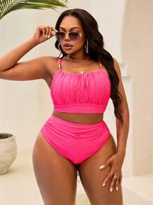 SHEIN Swim Curve Women's Plus Size 2pcs Solid Pink Beaded Trim Fashion Vacation Daily Adjustable Thick Strap High Waist Ruching Triangle Swimwear Bikini Set For Summer - Hot Pink - View 3