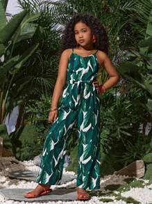 SHEIN VCAY Tropical Print Wide Leg Cami One Piece Spring Jumpsuit Without Belt Mommy And Me Matching Outfits(2pieces Are Sold Separately) - Green - View 7