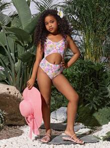 Tween Girl Ditsy Floral Crochet Cutout One-Piece Swimsuit, Mommy And Me Matching Outfits (2 Sets Sold Separately) - Pink - View 3