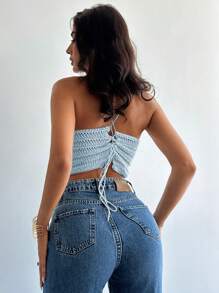 Firerie Women Ruched Drawstring Beach Vacation Crochet Knit Tank Top - Baby Blue - View 2