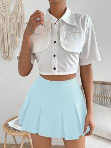 Chiquease 夏季休闲纯色高腰百褶迷你裙