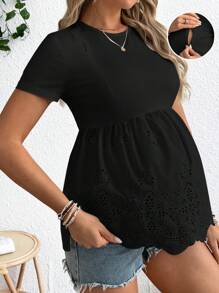 SHEIN Maternity Hollow Out Embroidery Nursing T-Shirt, Casual For Vacation - Black - View 1