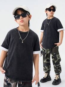 SHEIN Teenager Solid Color Versatile Crew Neck Casual Short Sleeve T-Shirt - Black - View 1