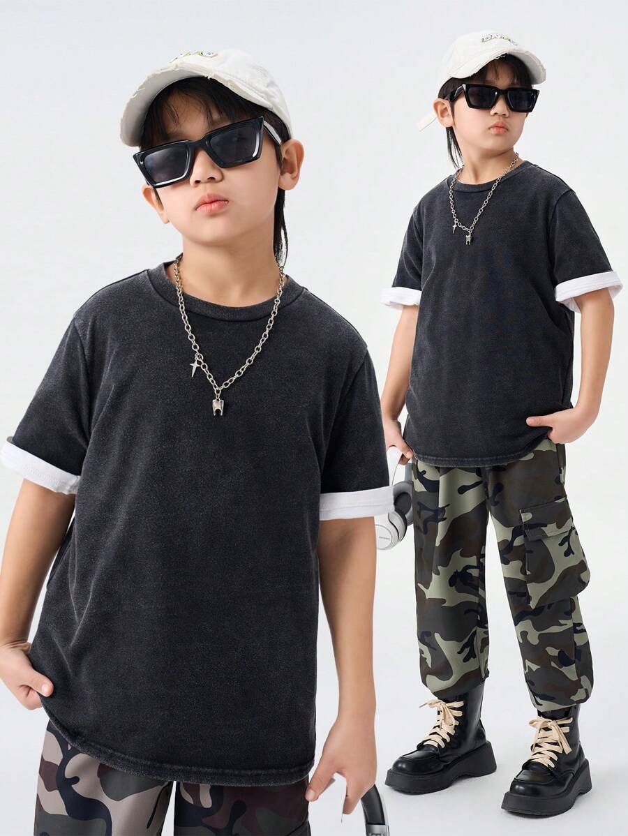 SHEIN Teenager Solid Color Versatile Crew Neck Casual Short Sleeve T-Shirt - Black - View 1