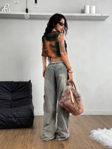SHEIN Coolane Women's Summer Brown Tie-Dye Vintage Style Cropped Tank Top