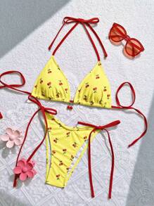 Swim Mod Women's Halter Triangle Bikini Swimwear Sets For Summer Beach Vacation - Yellow - View 1