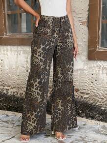 SHEIN LUNE سراويل جينز نسائية بطبعة نمر، فضفاضة ذات ساق واسعة، مع جيوب - متعدد الألوان - مشاهدة 4