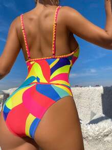 BamGleam Casual Minimalist Multicolor Print One-Piece Swimsuit, For Summer Beach Vacation