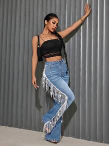 Quần Jeans Ống Loe Tua Rua Cho Nữ Đi Tiệc & Đi Chơi - Rửa trung bình - Xem 4