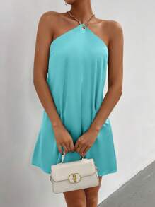 SHEIN Privé Damen sexy Neckholder Mini Kleid mit Kette - Grün - Übersicht 4