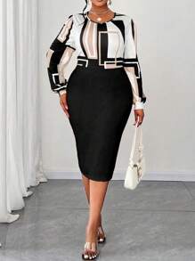 Maweii 女士大码时尚圆领几何印花灯笼袖优雅连衣裙 - 彩色 - 查看 5