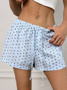 SHEIN EZwear Casual Summer Drawstring Waist Checked Ditsy Floral Shorts - Blue - View 4