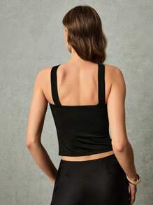 Poéselle Women Solid Color Eyelet Decor Fashionable Halter Camisole,Rave Top - Black - View 2