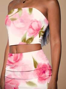 SHEIN BAE 2 件套女士花卉扎染/抹胸 2 件夏季度假套装/女士两件套/海滩装/女士沙滩装/女士度假装/度假/2 件套/女士套装/女士配套套装/狂欢装节日/度假两件套/2 件套夏季