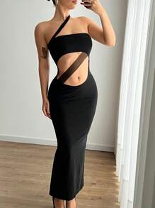 EgrlEra Women Cut Out Elegant Sexy Mesh Asymmetrical Neck Dress - Black - View 5