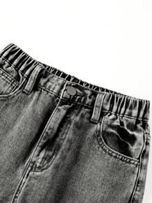 SHEIN Tween Girls Y2K 风格卡通蝴蝶字母爱心涂鸦印花复古水洗效果休闲百搭宽松直筒牛仔裤，日常百搭时尚单品 - 深灰色 - 查看 6
