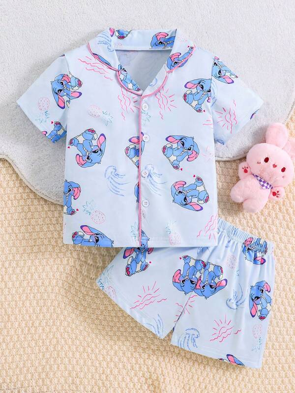 Set de 2 piezas de camiseta de manga corta y pantalones cortos casuales con estampado de conejo azul de orejas caídas, diseño adorable para niña
