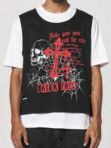 ROMWE MEN Áo thun nam Gothic Patchwork, Xuân/Hè, Halloween - Đen và trắng - Xem 5