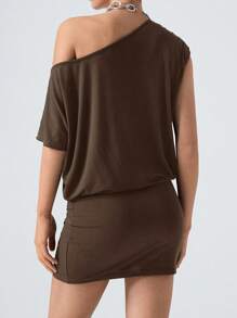 LYSMO Solid Color Asymmetric Collar Loose Fit Short Sleeve Dress - Brown - View 2