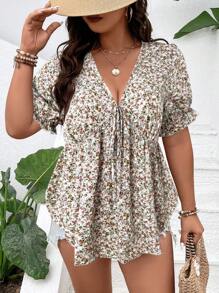 Calvaya Plus Ditsy Floral Print Knot Front Peplum Blouse Peplum Top - Multicolor - View 4