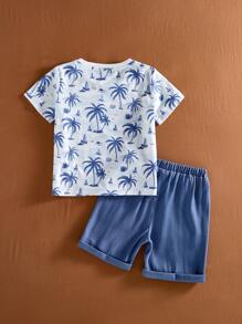 SHEIN Camiseta e shorts com estampa de coqueiro, roupa casual para meninos - Multicolorido - Ver 2