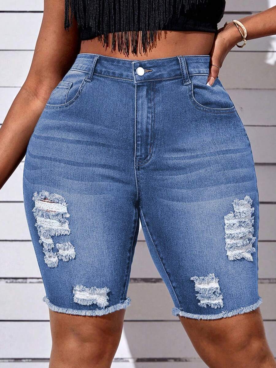 SHEIN SXY Plus Size Casual Distressed Ripped Skinny Denim Shorts - Blue - View 1
