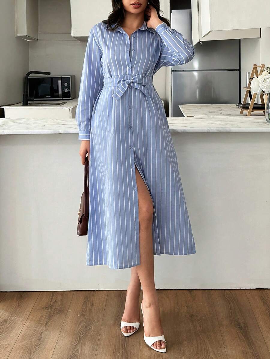 SHEIN Tall Tall Striped Front Button Shirt Dress - Blue and White - View 1