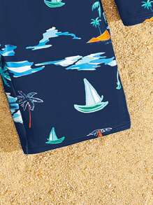 SHEIN Tween Boys Full Print Snug Fit One-Piece Knitted Swimsuit, Casual - Navy Blue - View 6