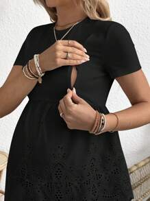 SHEIN Maternity Hollow Out Embroidery Nursing T-Shirt, Casual For Vacation - Black - View 3