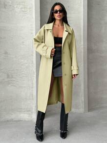 EURMUSE 女士纯色落肩超大系带风衣 - 綠色 - 查看 3