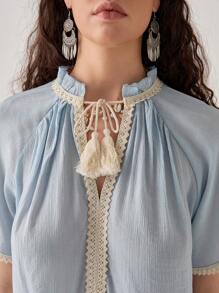 Florisole Elegant Vacation Ruffle Trim Women's Blouse - Blue - View 6