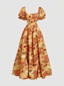 SHEIN MOD Women's Sunflower Puff Sleeve Ruched Extra Long Dress,Spring Dresses For Women,Elegant,Flowy Dress,Boho,Vintage,Mesh Dress,Goth,Fairy Dress,Floral Dress,Brunch Dress,Sundress,Summer Dress, Art Series,Van Gogh - Multicolor - View 2