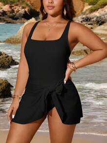 Swim Lushoire Maillot de bain jupe casual à nœud pour femme grande taille, couleur unie
