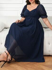 SHEIN Clasi 大码女式褶皱泡泡袖 A 字型优雅连衣裙 - 藏蓝色 - 查看 4