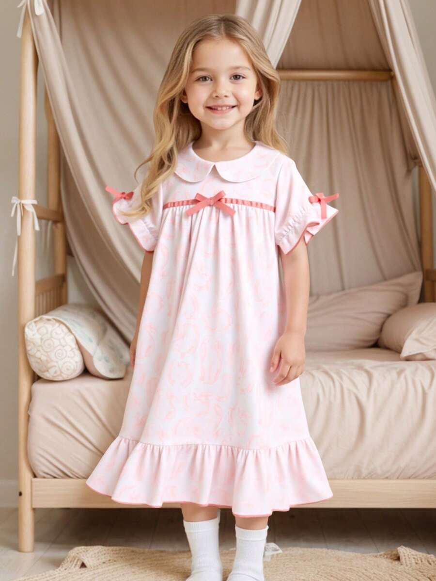 小女孩浅蓝色花卉印花丝带蝴蝶结荷叶边下摆领长睡袍家居服小女孩睡袍幼儿女童睡袍女童夏季睡袍儿童睡袍小女孩睡袍度假旅行休闲夏装 - 藕粉色 - 查看 1