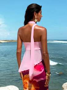 Opulessa Áo crop top đan màu trơn bó sát viền bất đối xứng dành cho nữ - Hồng - Xem 2