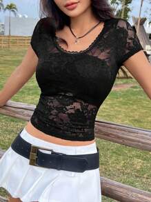 SHEIN EZwear Blusa negra de encaje con cuello redondo y mangas cortas ajustada para mujer