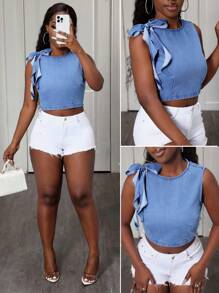 SHEIN Slayr Blus Denim Tanpa Lengan Kasual untuk Wanita, Cocok untuk Beraktivitas di Luar Ruangan - Biru - View 1