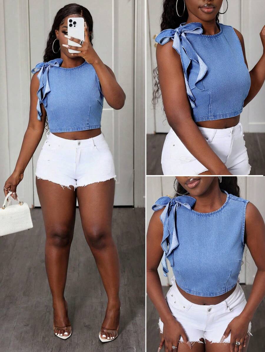 SHEIN Slayr Blus Denim Tanpa Lengan Kasual untuk Wanita, Cocok untuk Beraktivitas di Luar Ruangan - Biru - View 1