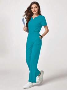 SHEIN TaskFit 女士纯色 V 领短袖上衣和裤子护理手术服套装 - 水鴨藍 - 查看 3
