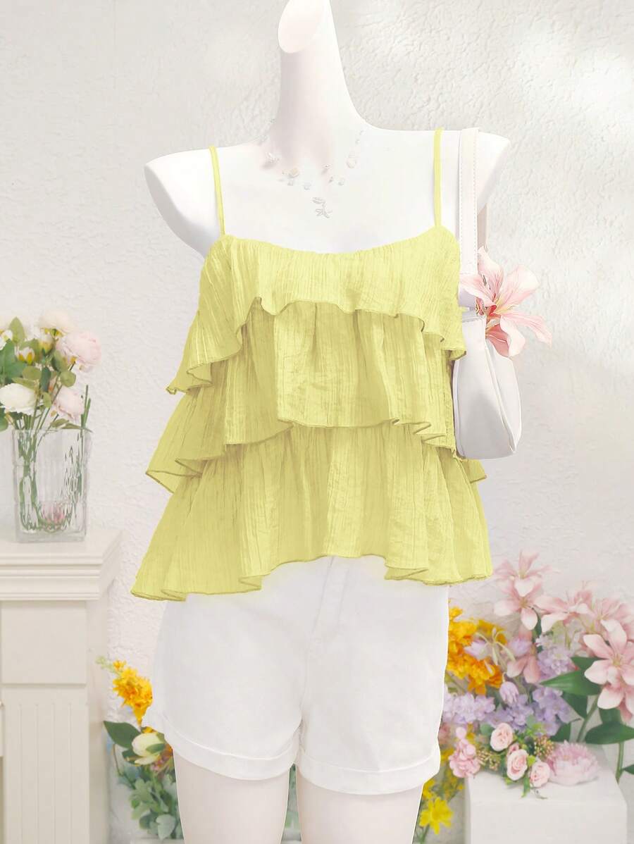 SHEIN Unity Women's Casual Sleeveless Solid Color Ruched Layered Ruffle Strap, Suitable For Spring/Summer Holiday And Daily Wear - Yellow - View 1