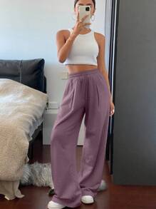 DAZY Women Solid Color Straight Loose Pocket Drawstring Elastic Waist Sweatpants - Purple - View 5